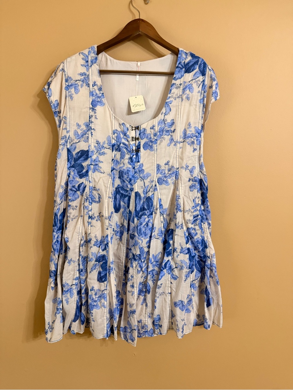 Free People White Mini Dress with Blue Floral Print